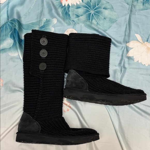UGG Shoes - UGG Black Knit Button Mid-Calf Heeled Boots